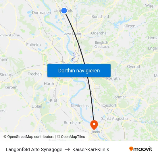 Langenfeld Alte Synagoge to Kaiser-Karl-Klinik map