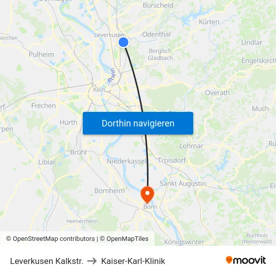 Leverkusen Kalkstr. to Kaiser-Karl-Klinik map