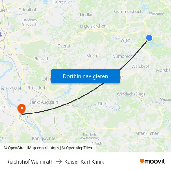 Reichshof Wehnrath to Kaiser-Karl-Klinik map