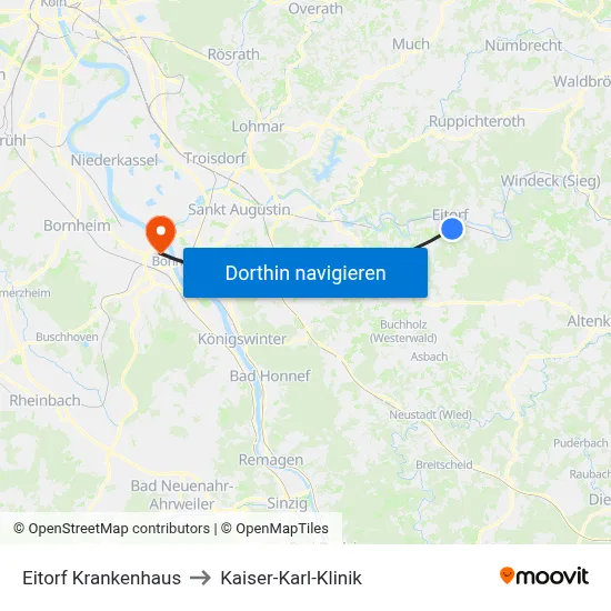 Eitorf Krankenhaus to Kaiser-Karl-Klinik map