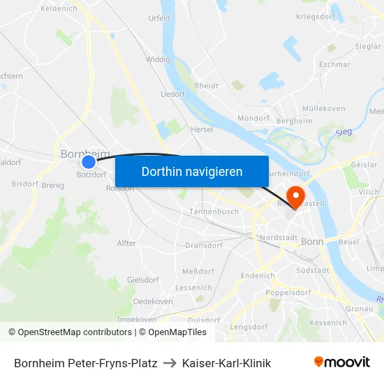 Bornheim Peter-Fryns-Platz to Kaiser-Karl-Klinik map