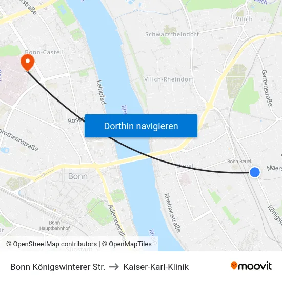 Bonn Königswinterer Str. to Kaiser-Karl-Klinik map