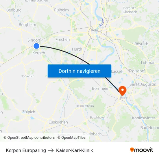 Kerpen Europaring to Kaiser-Karl-Klinik map