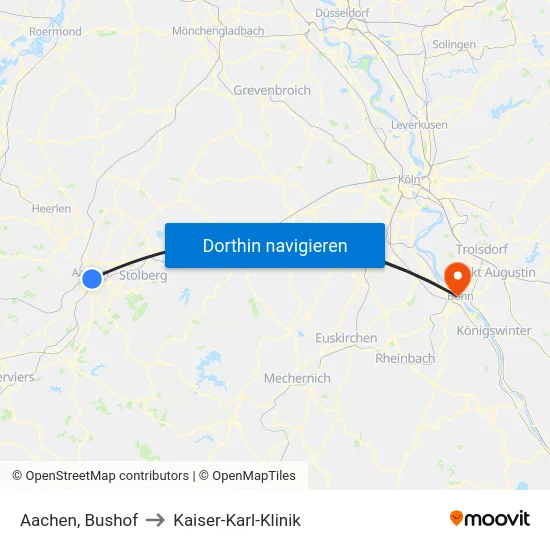 Aachen, Bushof to Kaiser-Karl-Klinik map
