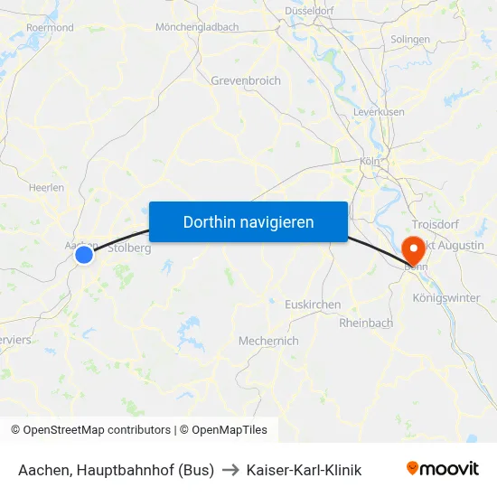 Aachen, Hauptbahnhof (Bus) to Kaiser-Karl-Klinik map