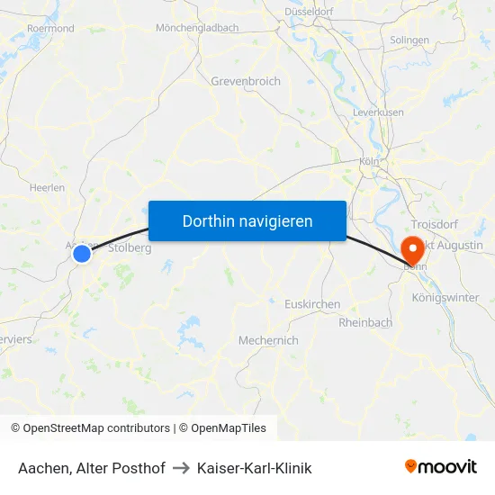 Aachen, Alter Posthof to Kaiser-Karl-Klinik map