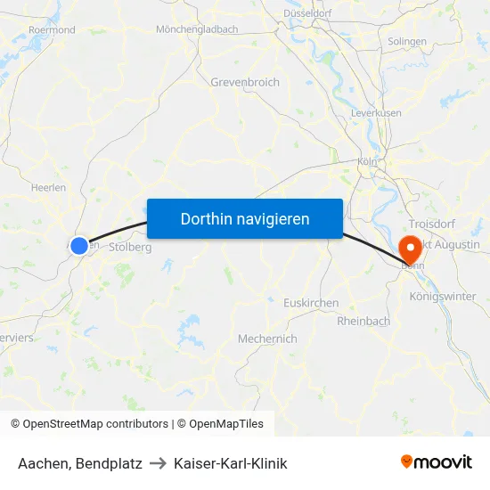 Aachen, Bendplatz to Kaiser-Karl-Klinik map
