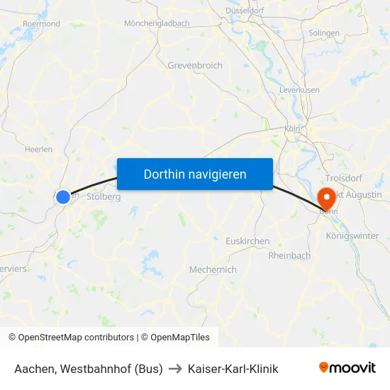 Aachen, Westbahnhof (Bus) to Kaiser-Karl-Klinik map