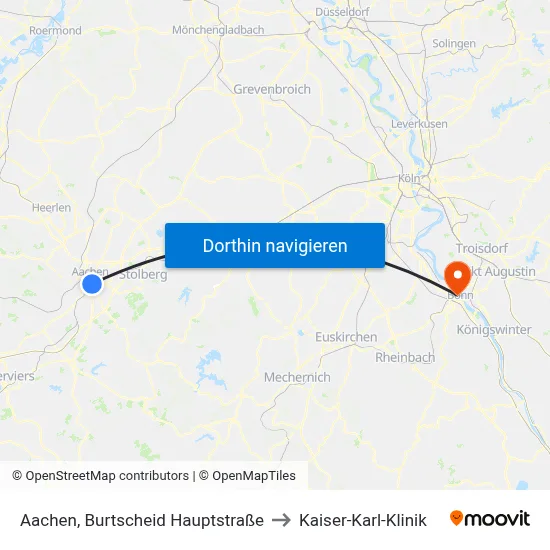 Aachen, Burtscheid Hauptstraße to Kaiser-Karl-Klinik map