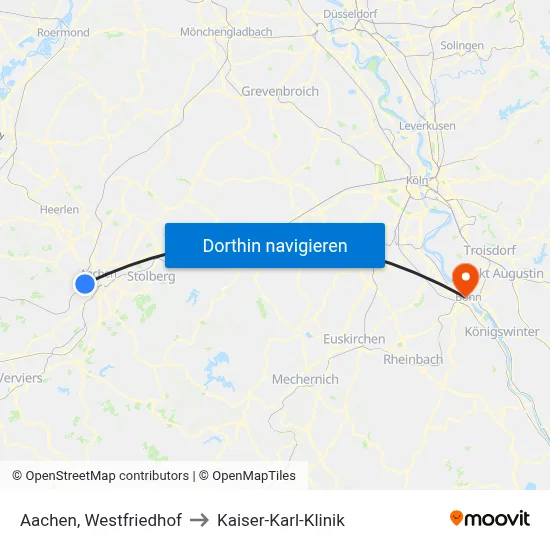 Aachen, Westfriedhof to Kaiser-Karl-Klinik map
