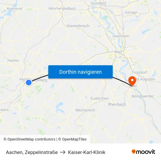 Aachen, Zeppelinstraße to Kaiser-Karl-Klinik map