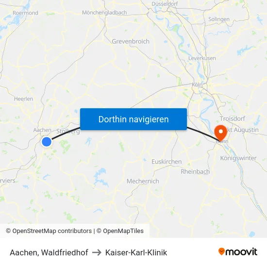Aachen, Waldfriedhof to Kaiser-Karl-Klinik map