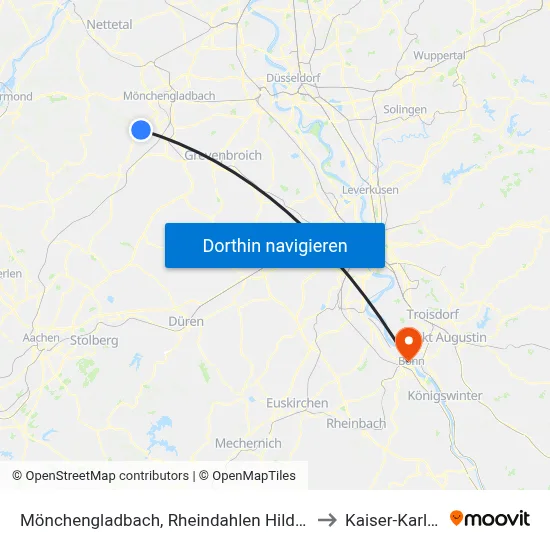 Mönchengladbach, Rheindahlen Hilderather Straße to Kaiser-Karl-Klinik map