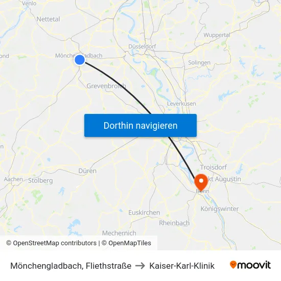 Mönchengladbach, Fliethstraße to Kaiser-Karl-Klinik map