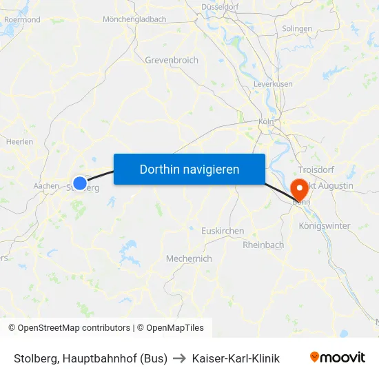 Stolberg, Hauptbahnhof (Bus) to Kaiser-Karl-Klinik map