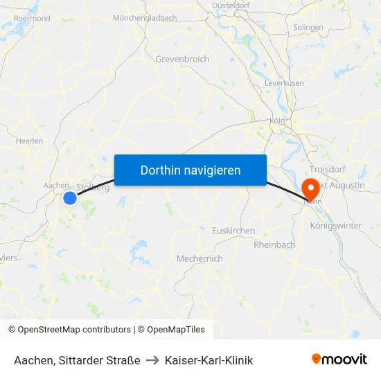 Aachen, Sittarder Straße to Kaiser-Karl-Klinik map