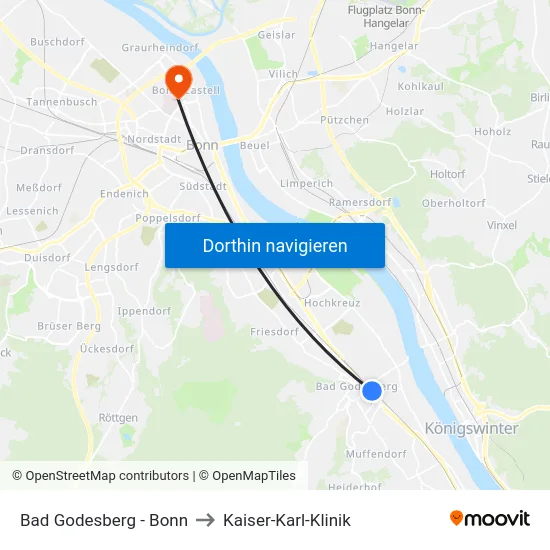 Bad Godesberg - Bonn to Kaiser-Karl-Klinik map