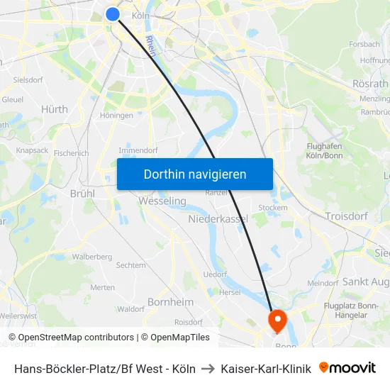 Hans-Böckler-Platz/Bf West - Köln to Kaiser-Karl-Klinik map