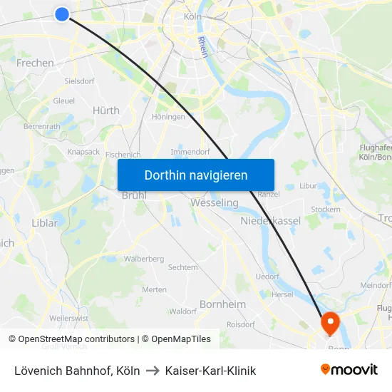 Lövenich Bahnhof, Köln to Kaiser-Karl-Klinik map