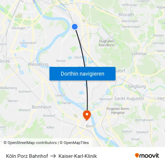 Köln Porz Bahnhof to Kaiser-Karl-Klinik map