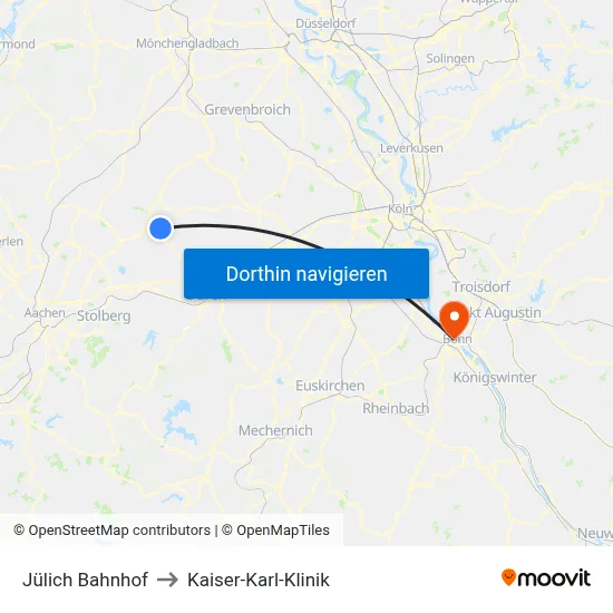 Jülich Bahnhof to Kaiser-Karl-Klinik map