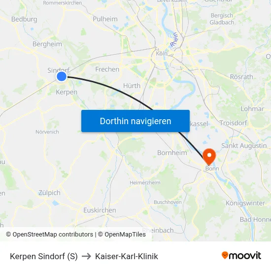Kerpen Sindorf (S) to Kaiser-Karl-Klinik map
