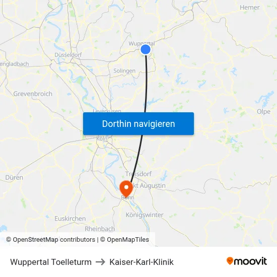 Wuppertal Toelleturm to Kaiser-Karl-Klinik map