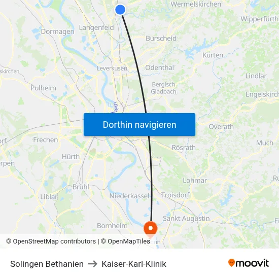 Solingen Bethanien to Kaiser-Karl-Klinik map