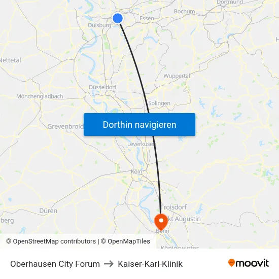 Oberhausen City Forum to Kaiser-Karl-Klinik map