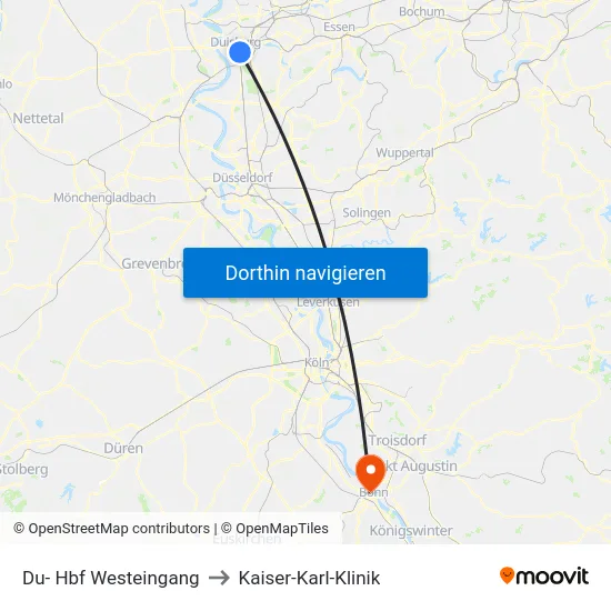 Du- Hbf Westeingang to Kaiser-Karl-Klinik map