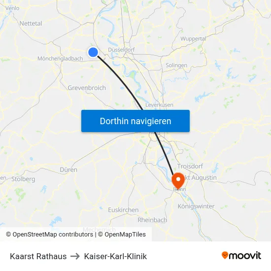 Kaarst Rathaus to Kaiser-Karl-Klinik map