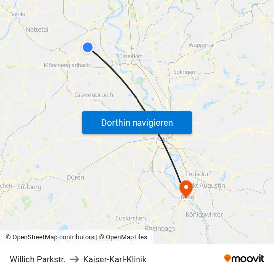 Willich Parkstr. to Kaiser-Karl-Klinik map
