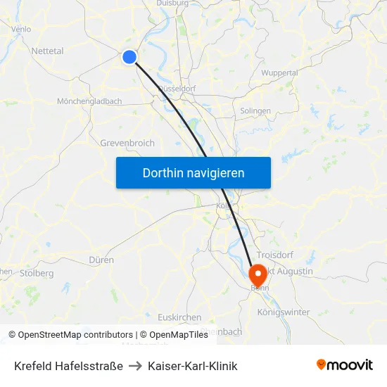 Krefeld Hafelsstraße to Kaiser-Karl-Klinik map