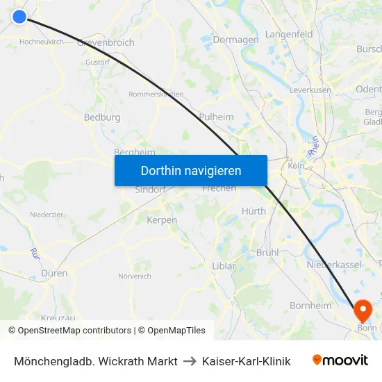 Mönchengladb. Wickrath Markt to Kaiser-Karl-Klinik map