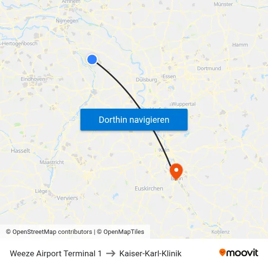 Weeze Airport Terminal 1 to Kaiser-Karl-Klinik map