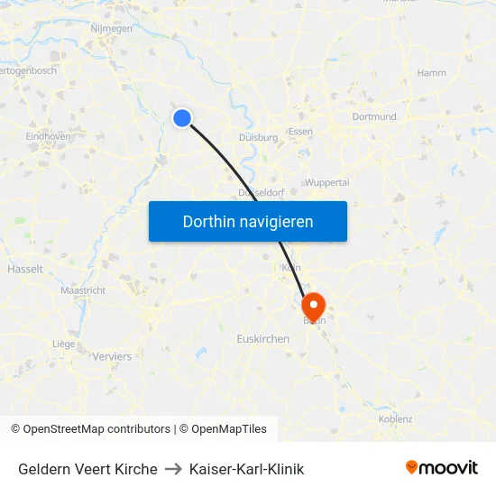 Geldern Veert Kirche to Kaiser-Karl-Klinik map