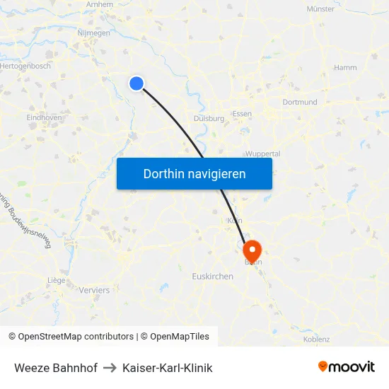 Weeze Bahnhof to Kaiser-Karl-Klinik map