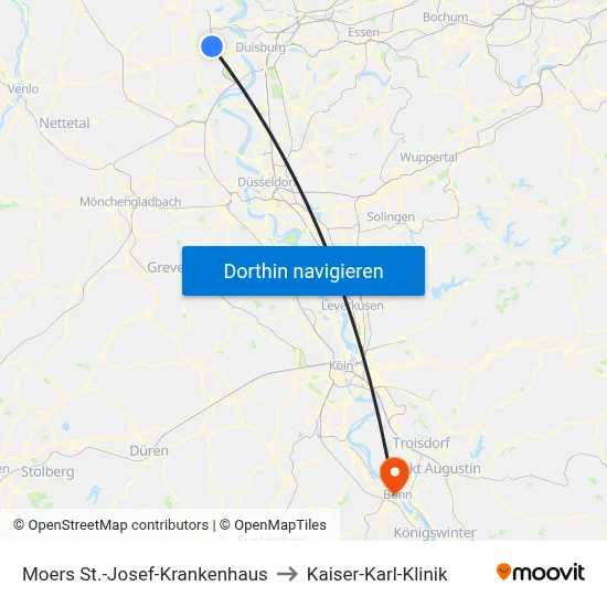 Moers St.-Josef-Krankenhaus to Kaiser-Karl-Klinik map