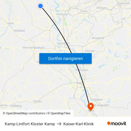 Kamp-Lintfort Kloster Kamp to Kaiser-Karl-Klinik map
