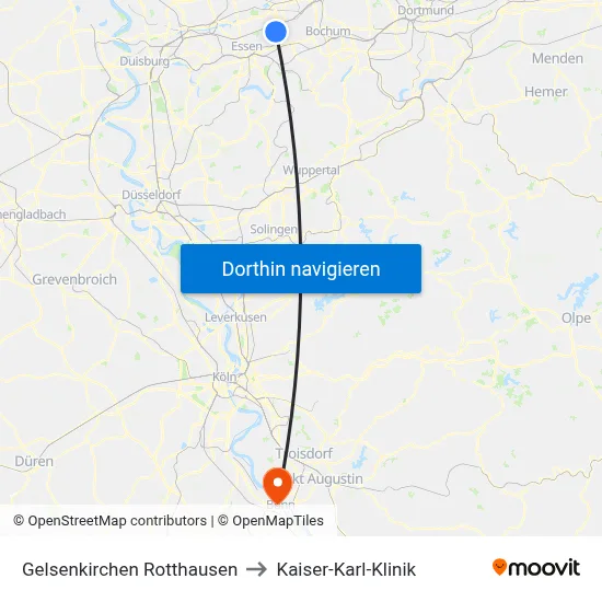 Gelsenkirchen Rotthausen to Kaiser-Karl-Klinik map