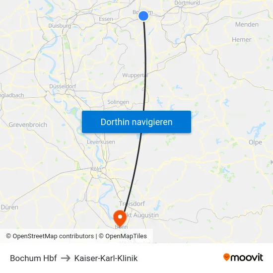 Bochum Hbf to Kaiser-Karl-Klinik map