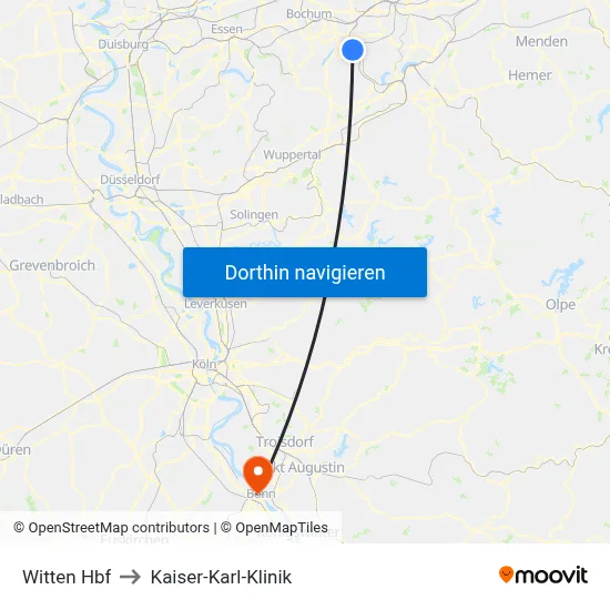 Witten Hbf to Kaiser-Karl-Klinik map
