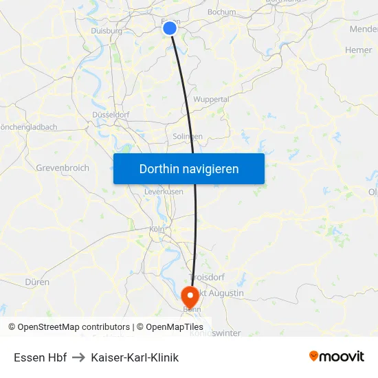 Essen Hbf to Kaiser-Karl-Klinik map