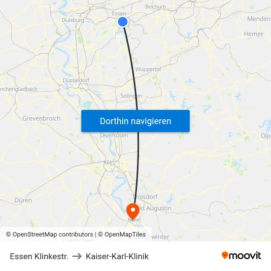 Essen Klinkestr. to Kaiser-Karl-Klinik map
