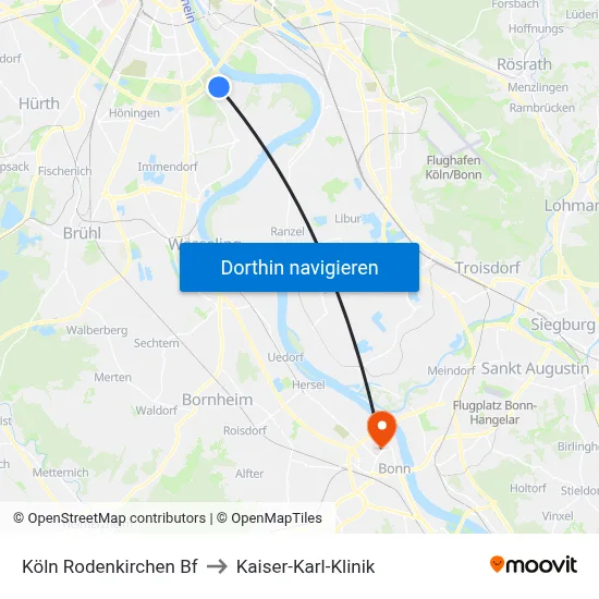 Köln Rodenkirchen Bf to Kaiser-Karl-Klinik map