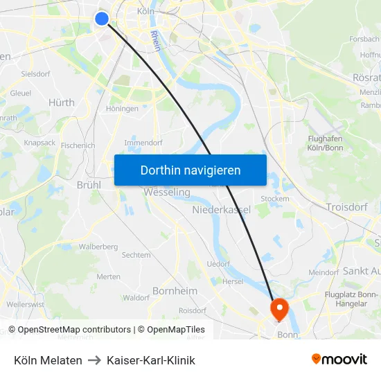 Köln Melaten to Kaiser-Karl-Klinik map