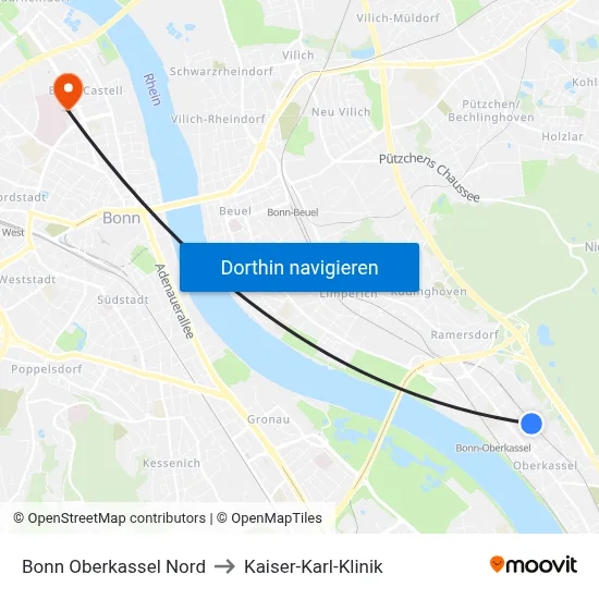 Bonn Oberkassel Nord to Kaiser-Karl-Klinik map