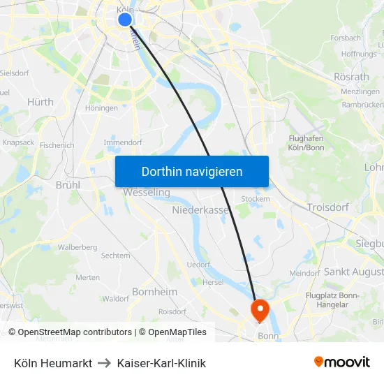 Köln Heumarkt to Kaiser-Karl-Klinik map