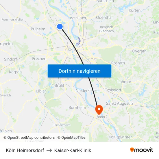 Köln Heimersdorf to Kaiser-Karl-Klinik map