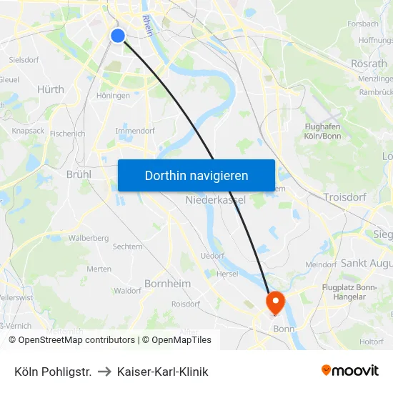 Köln Pohligstr. to Kaiser-Karl-Klinik map